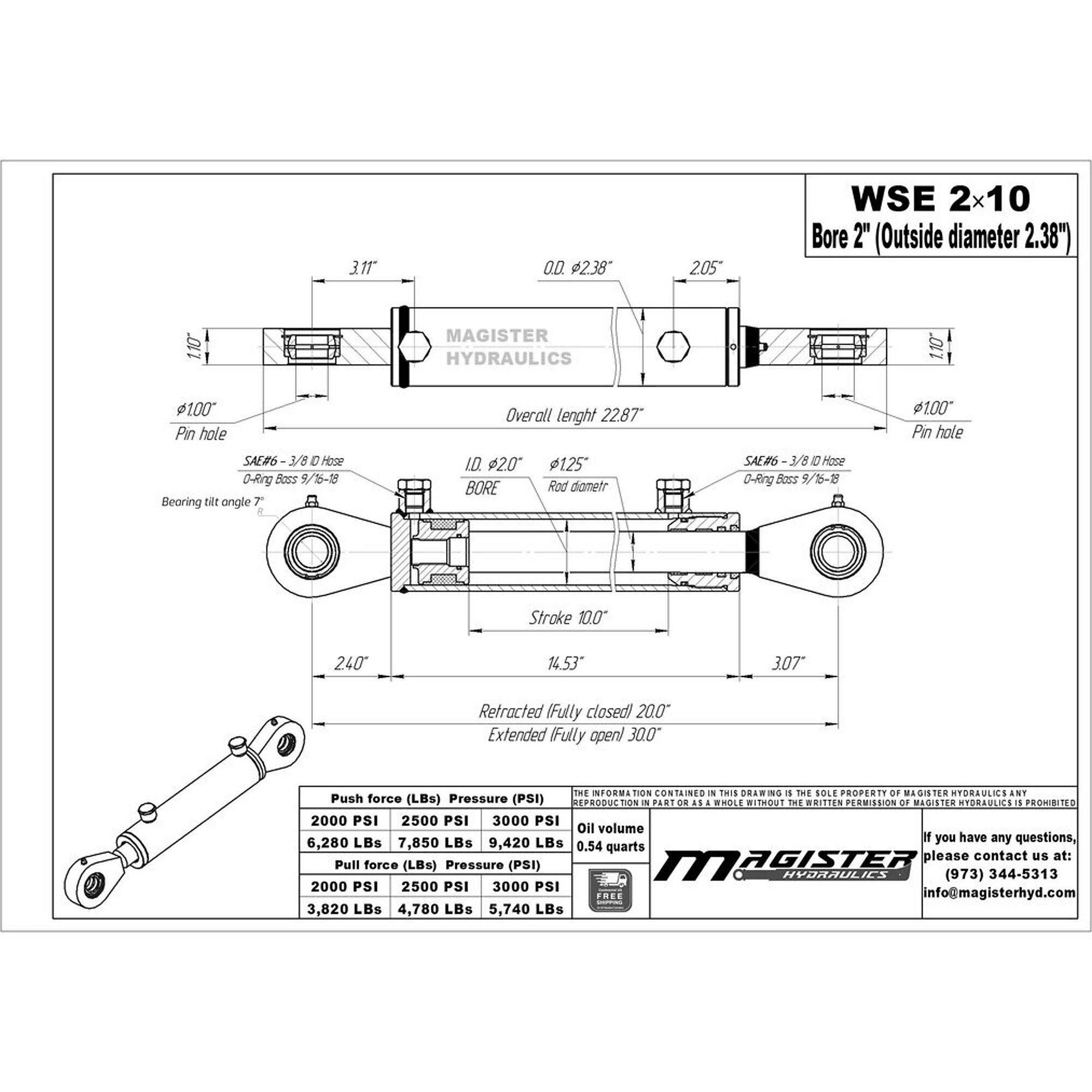 Magister 2" bore x 10" stroke swivel eye hydraulic cylinder WSE 2x10